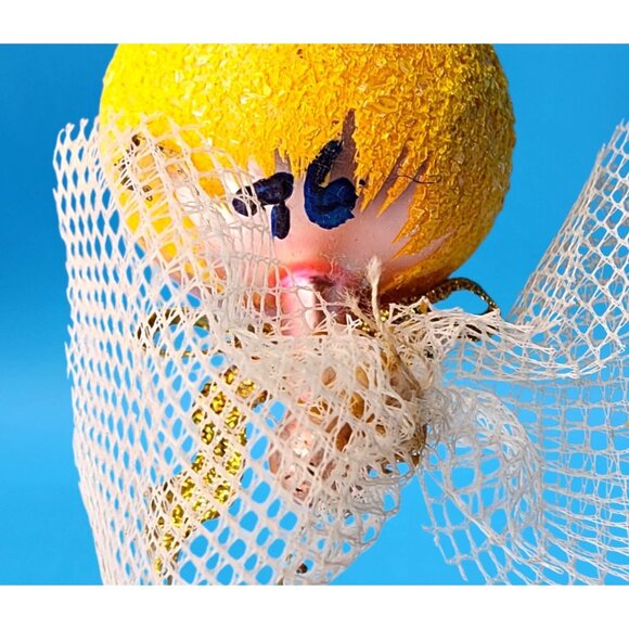 Vintage Pink Glass Angel Ornament Japan 1960s Yellow Glitter Hair Gold Bow v1 - Picture 10 of 10